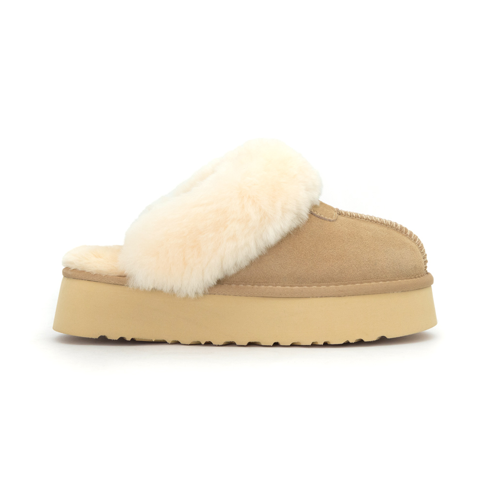 雪地精靈．真皮羊毛厚底雪靴拖鞋 沙色