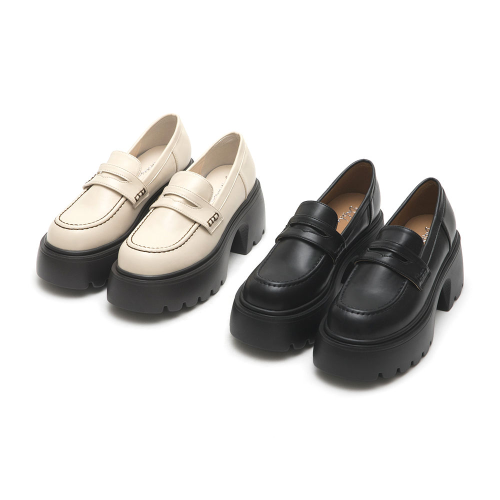 Color-Block Stitch Thick Sole Loafers Black