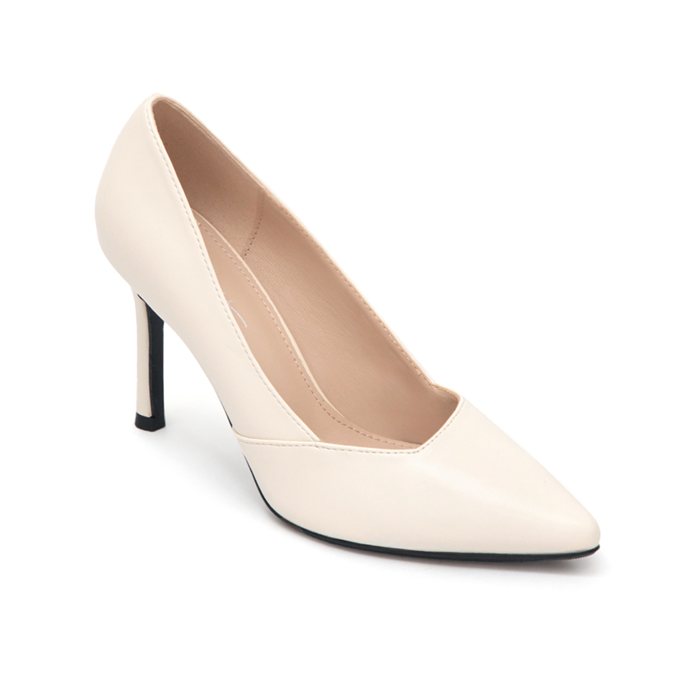 俐落雅緻尖頭斜口高跟鞋 米白色