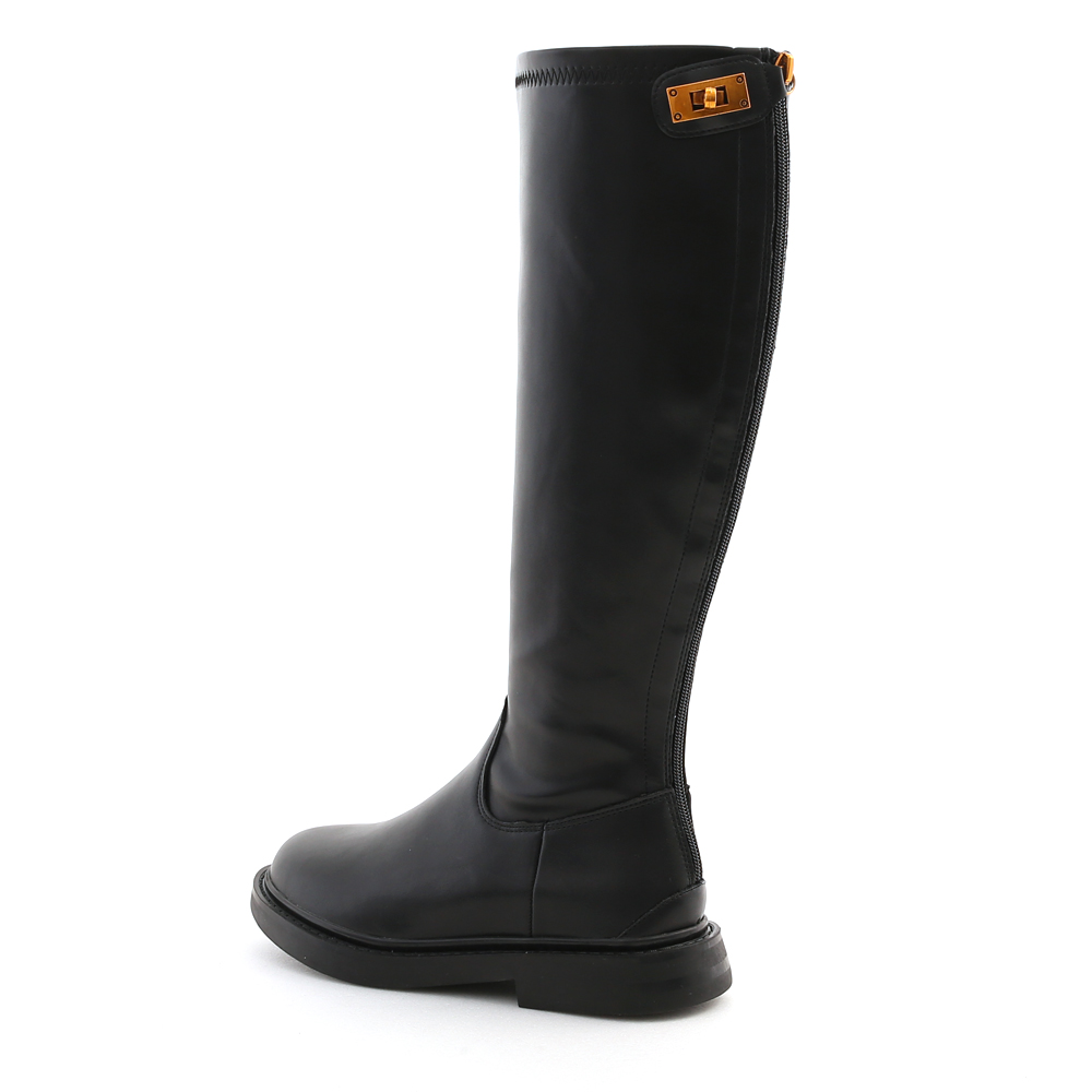 Gold Buckle Round Toe Off-Knee Boots Black