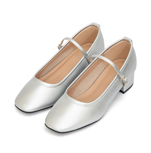 甜蜜蜜方頭氣質粗跟瑪莉珍鞋 銀色