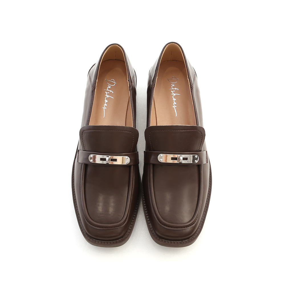 Metal Buckle Wooden Heel Loafers Dark Brown