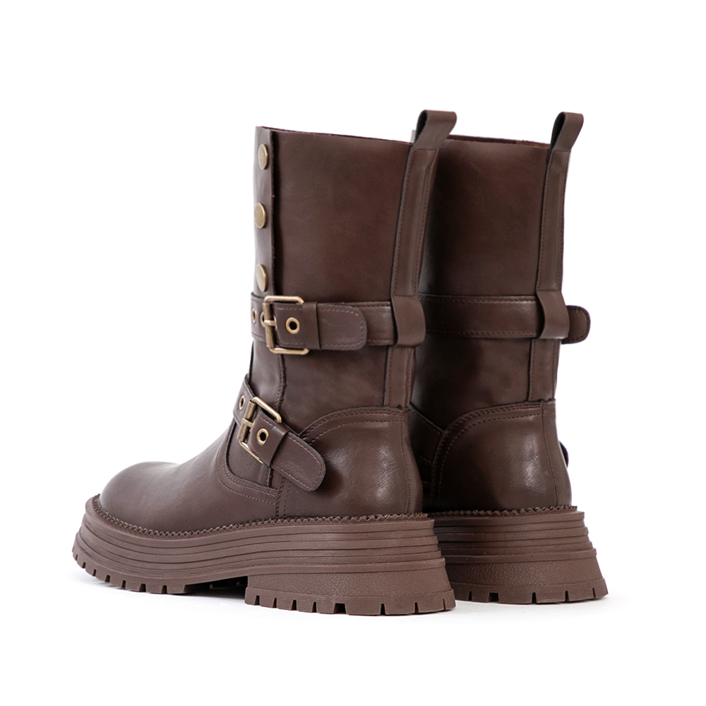 復古騎士釦環排釦機車短靴 咖啡