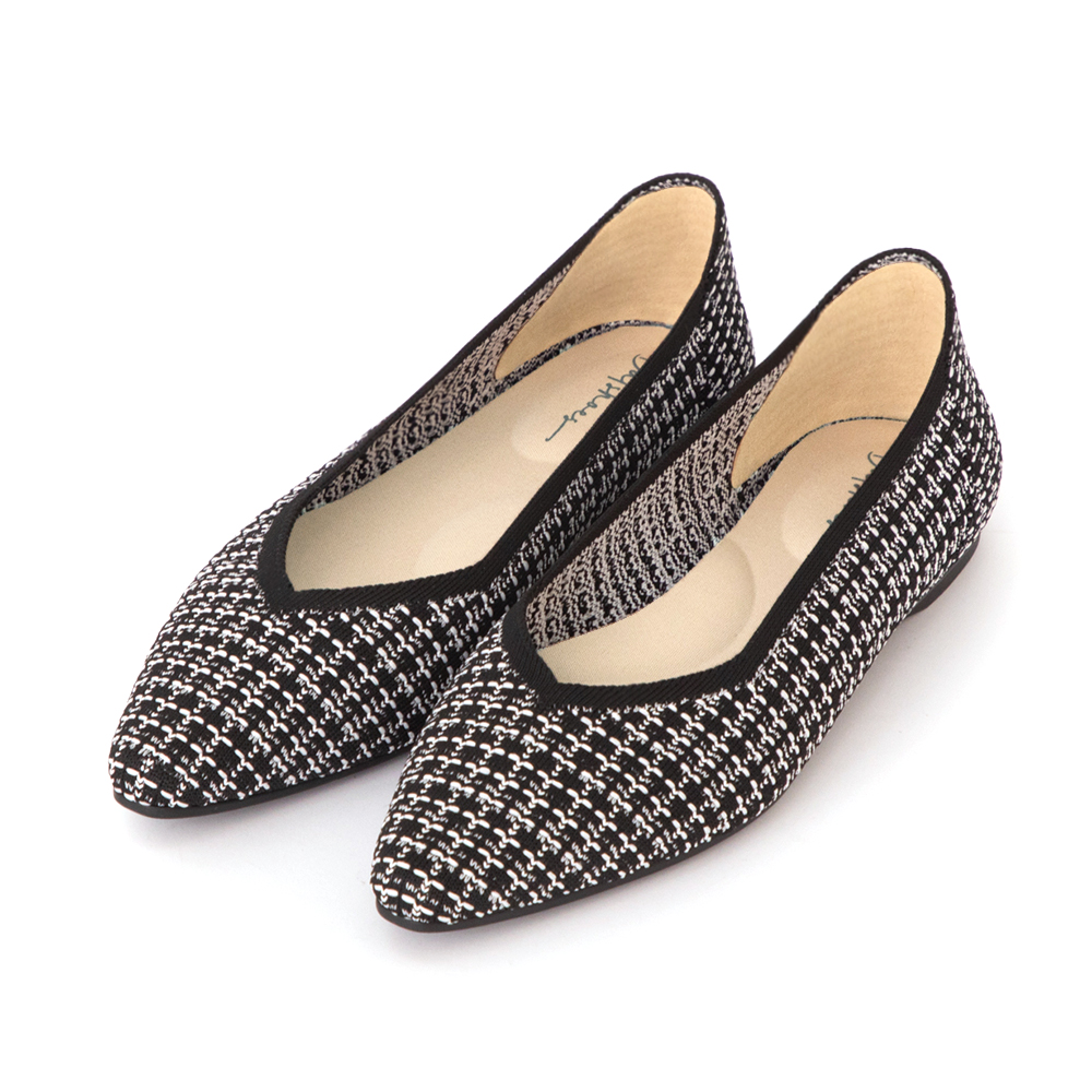 【3D零感雲織鞋】小V口尖頭通勤包鞋 黑白毛呢