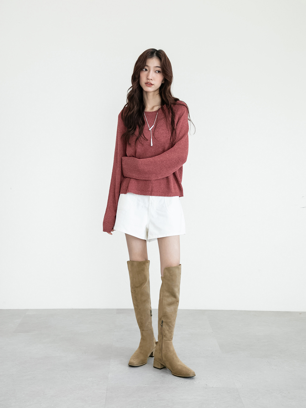 百變主題顯瘦拼接膝上長靴 卡其色