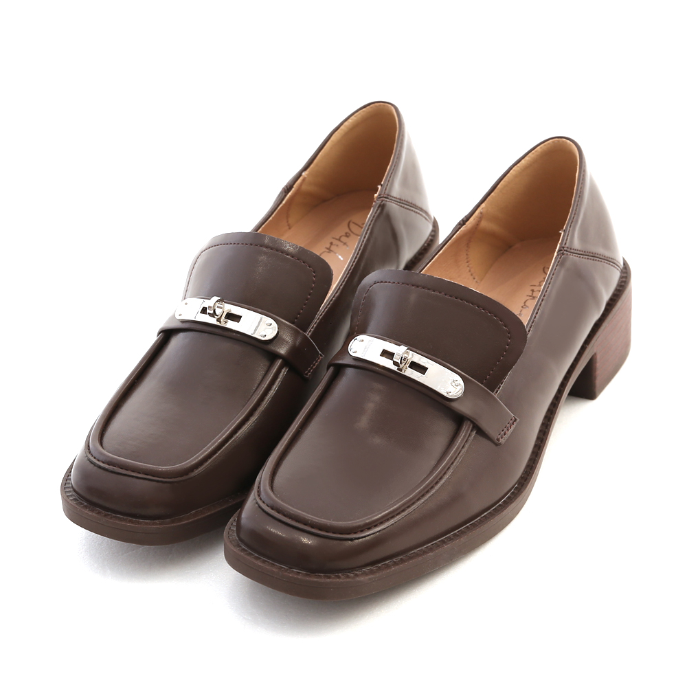 Metal Buckle Wooden Heel Loafers Dark Brown