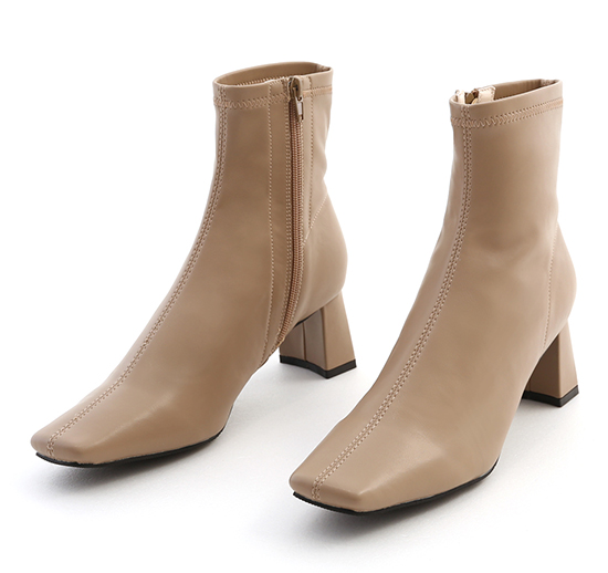 Plain Square Toe Mid-Heel Slimming Boots Beige