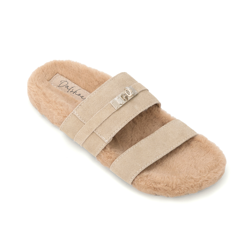 質感金屬鎖釦真皮毛毛拖鞋 米色