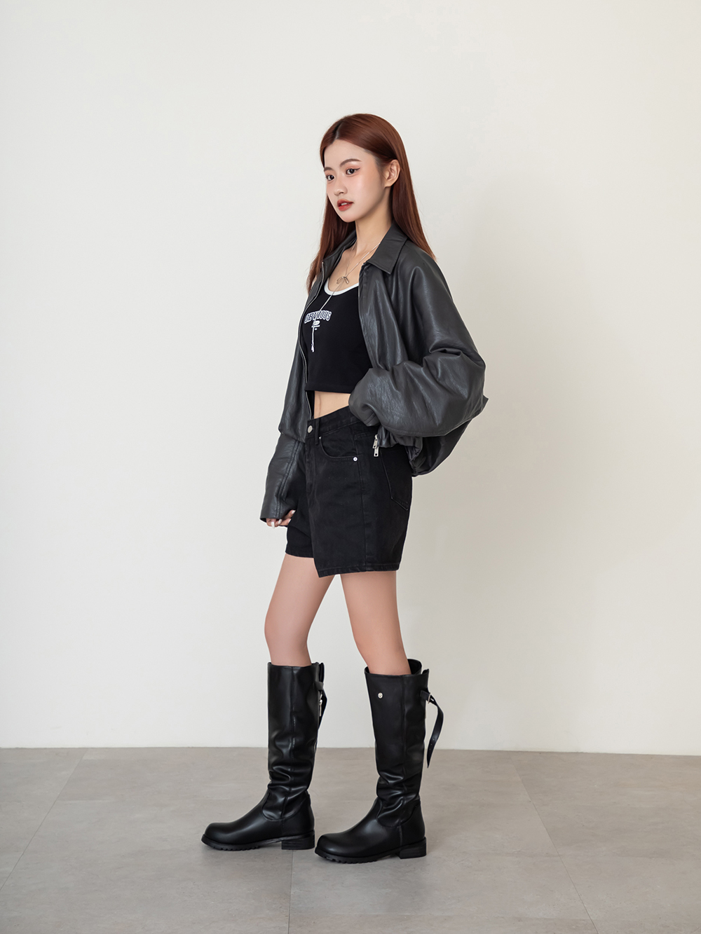 潮流熱搜後拉鍊寬筒堆堆靴 黑色