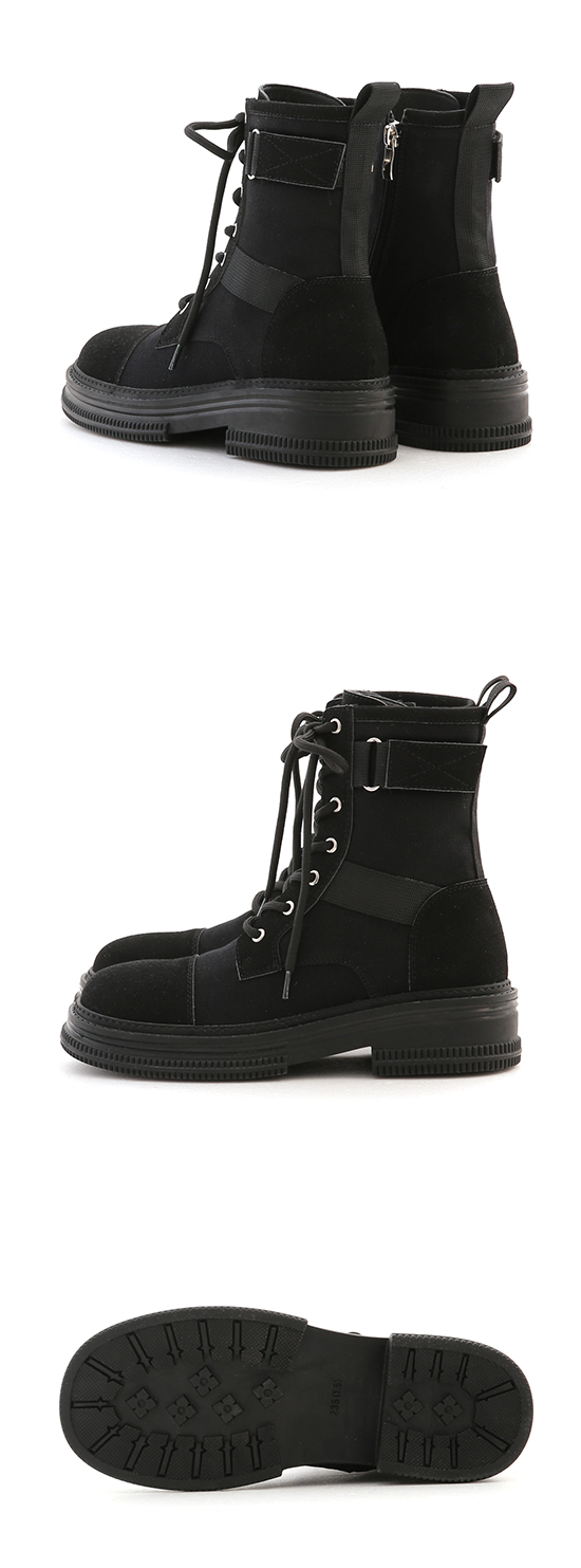 Stitching Lace-Up Biker Boots Black