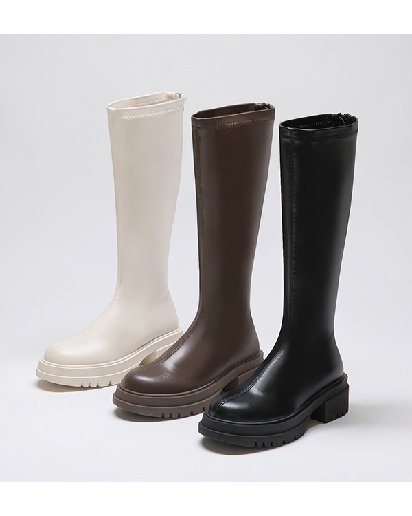 Plain Thick Sole Tall Boots Vanilla