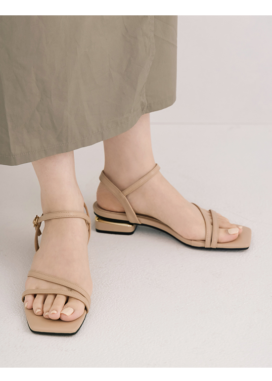 Irregular Strap Metallic Heel Sandals Beige