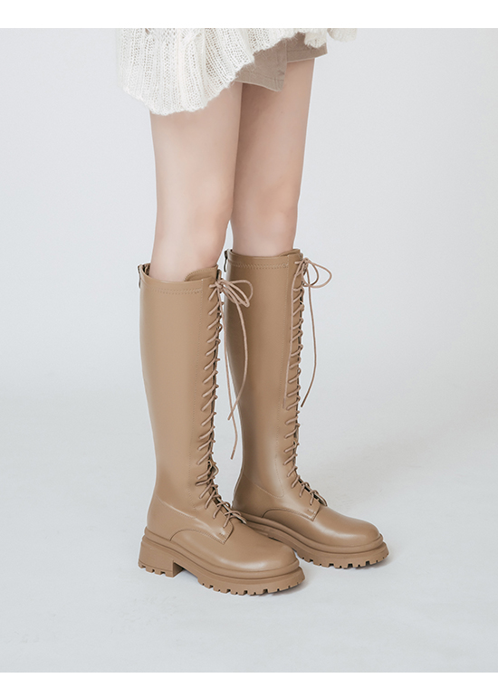 Round Toe Lace-Up Martin Tall Boots Beige
