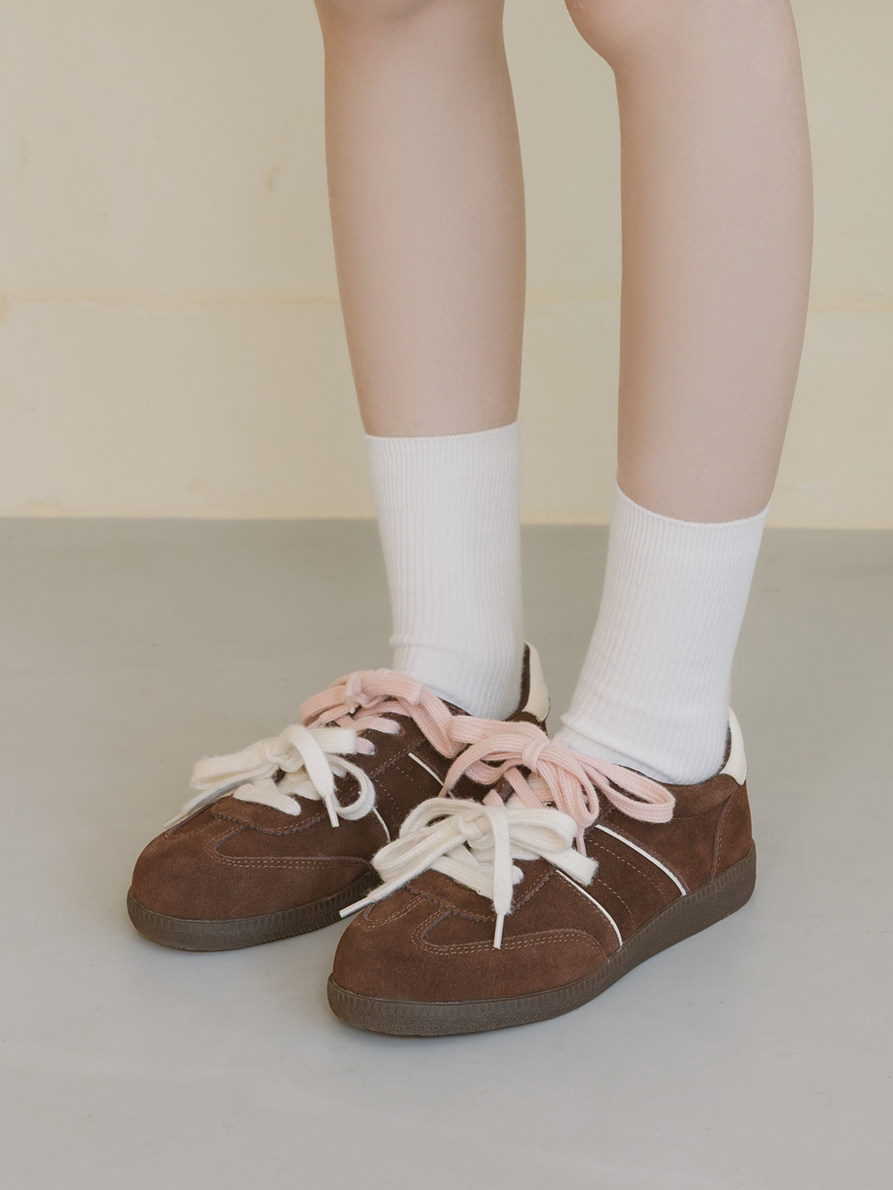 雙色鞋帶真皮復古德訓鞋 咖