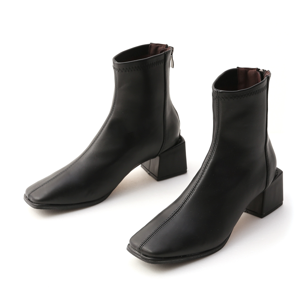 Square Toe Block Heel Sock Boots Black