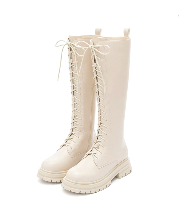 Platform Sole Lace-Up Combat Long Boots Beige