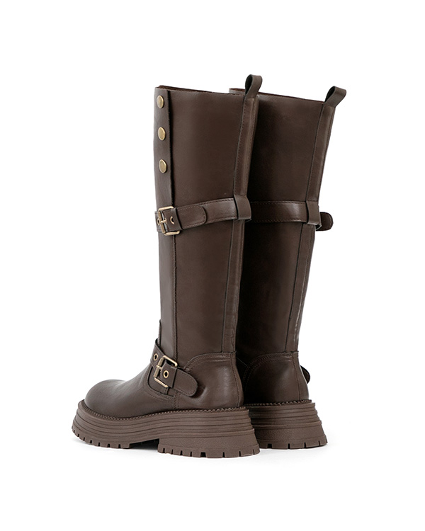 復古騎士釦環排釦機車長靴 咖啡