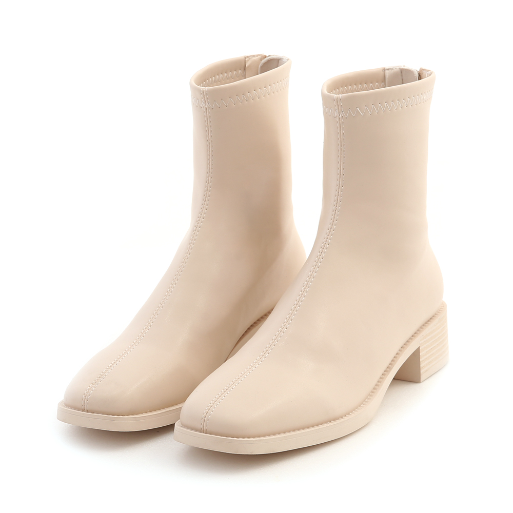 Square Toe Wooden Heel Sock Boots Cream