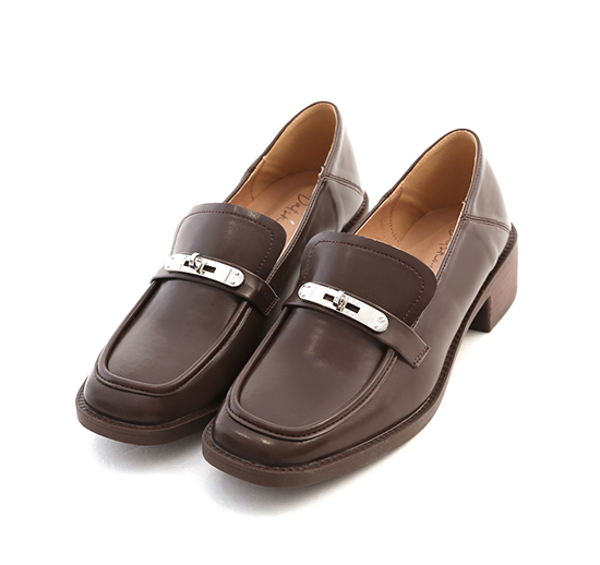 Metal Buckle Wooden Heel Loafers Dark Brown