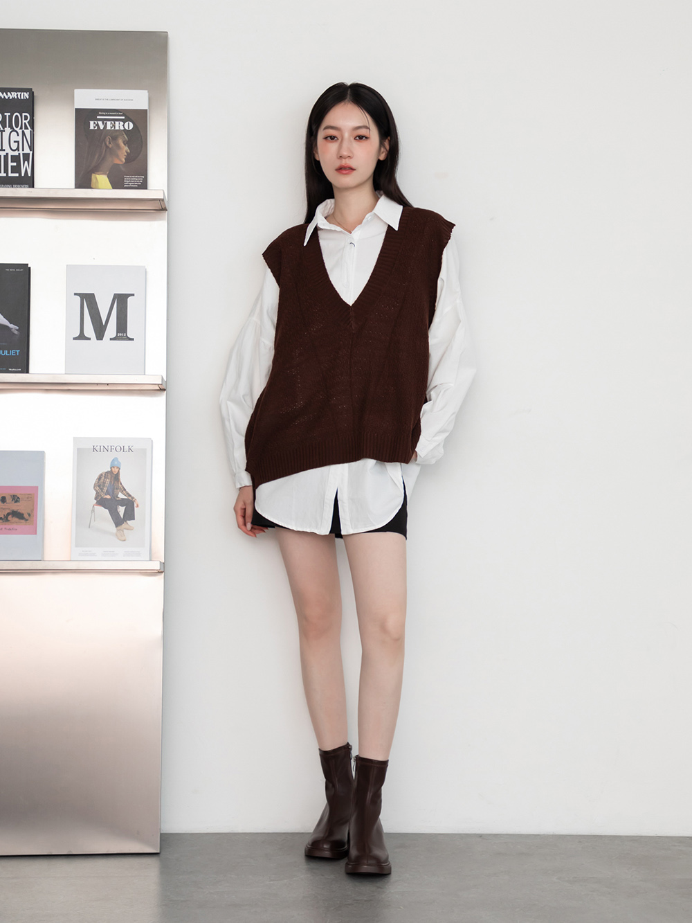 美拍風格方頭木紋跟瘦瘦靴 咖啡