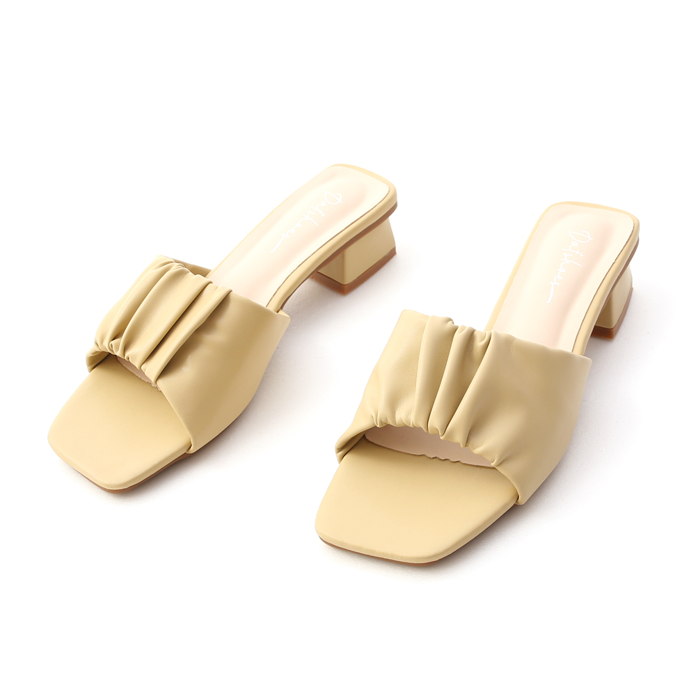 Ruched Detail Wide Strap Low Heel Sandals Yellow