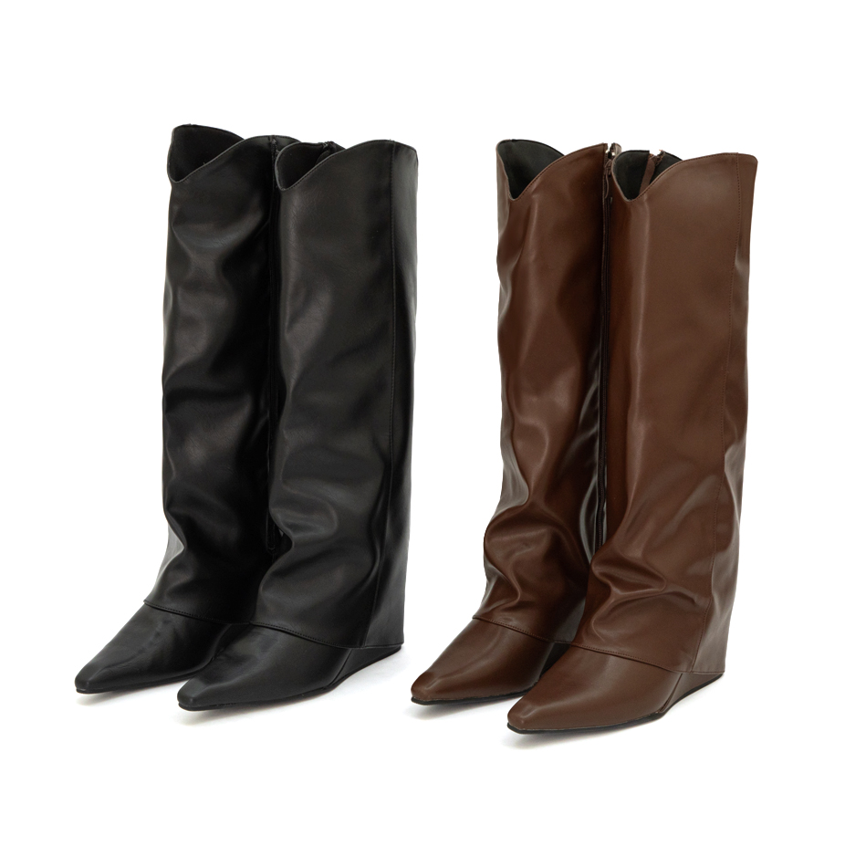 時髦超模V口隱形增高褲管長靴 咖啡色