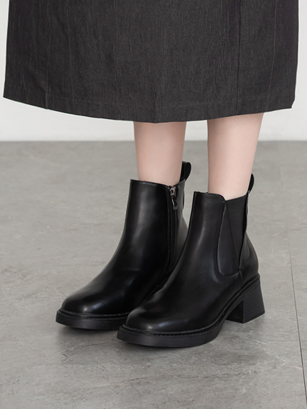 時髦指標方頭木紋跟切爾西短靴 黑