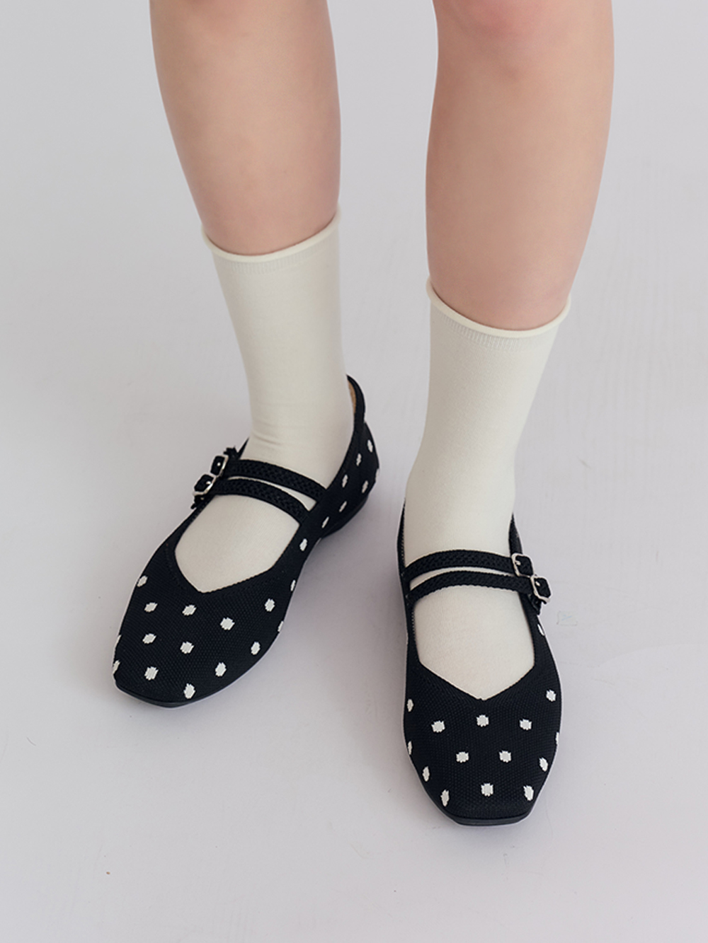 【3D零感雲織鞋】雙帶方頭瑪莉珍鞋 點點黑