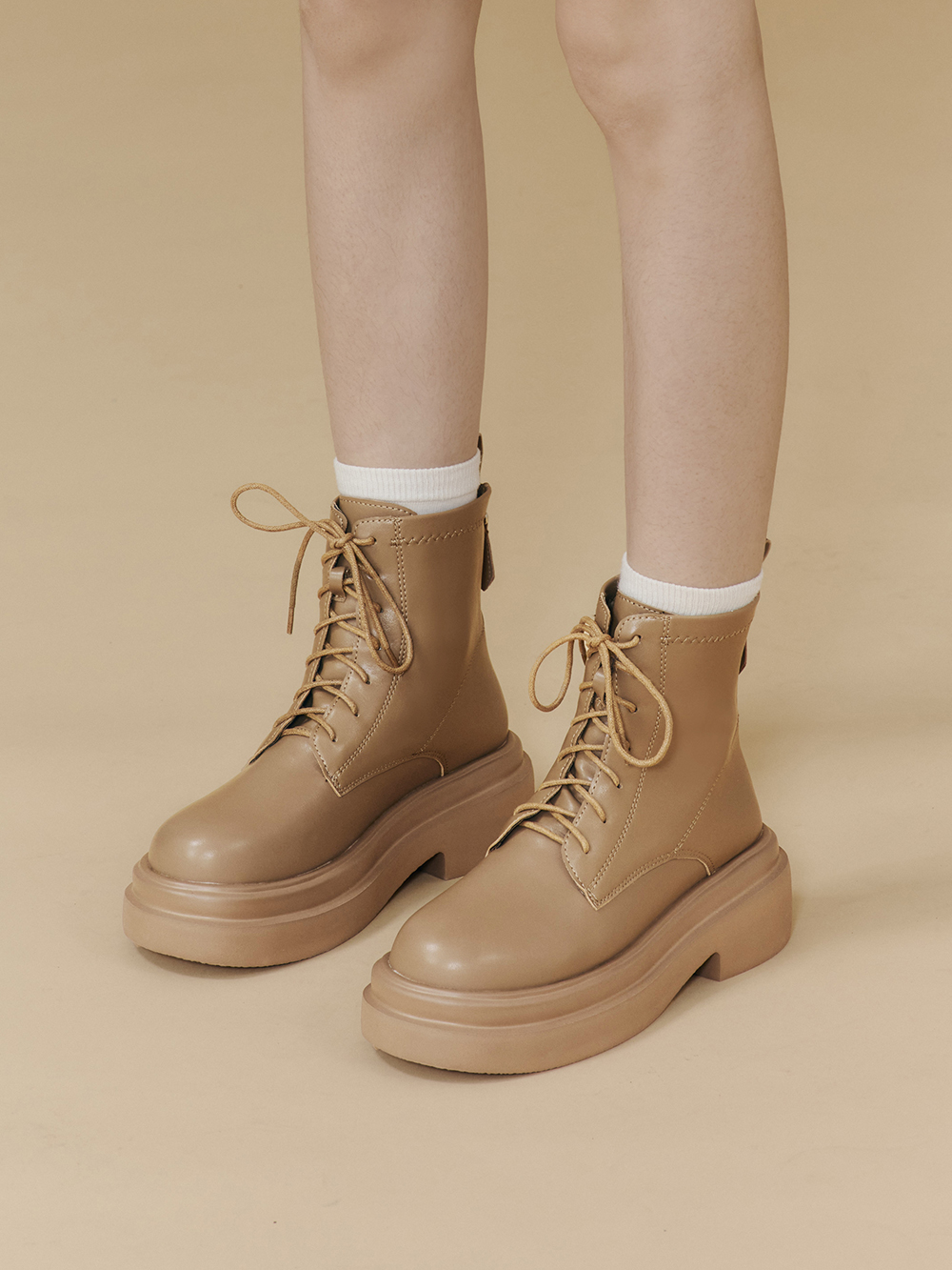 偶像學園輕量厚底綁帶短靴 杏色