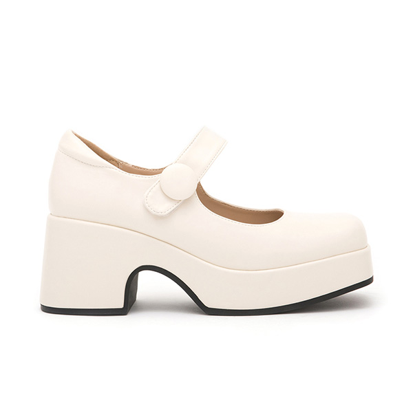 Square-Toe Thick-Soled Mary Jane Shoes Vanilla