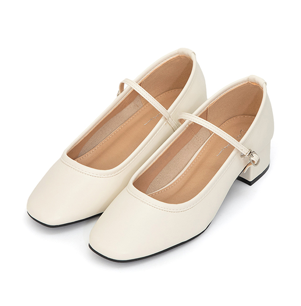 甜蜜蜜方頭氣質粗跟瑪莉珍鞋 米白色