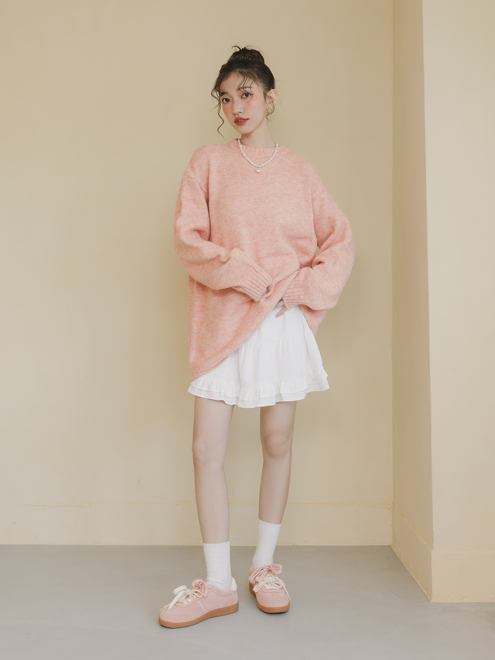 雙色鞋帶真皮復古德訓鞋 粉