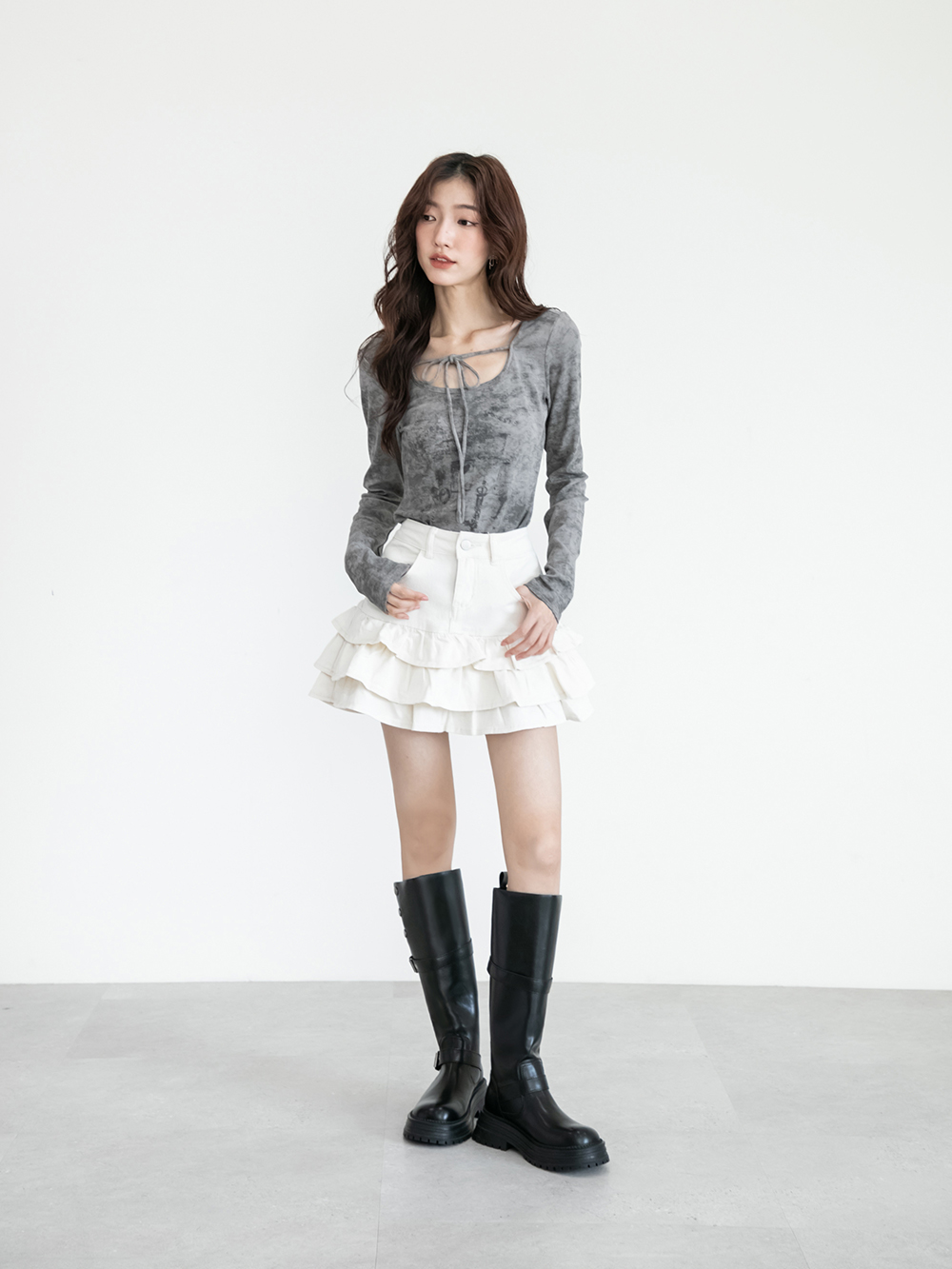 復古騎士釦環排釦機車長靴 黑色