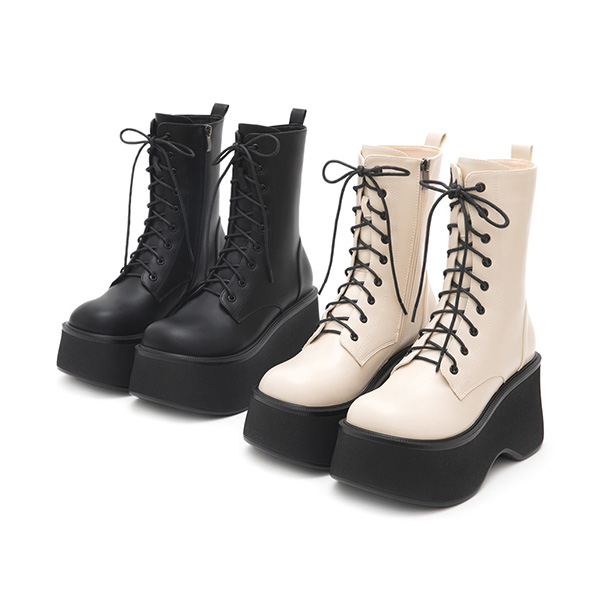 K-pop Girl Thick-Sole Lace-Up Ankle Boots Beige