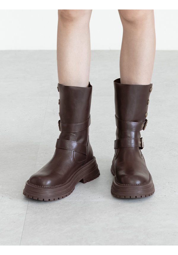 復古騎士釦環排釦機車短靴 咖啡