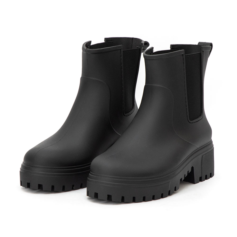 【機能鞋墊】鬆緊拼接內增高切爾西雨靴 黑色