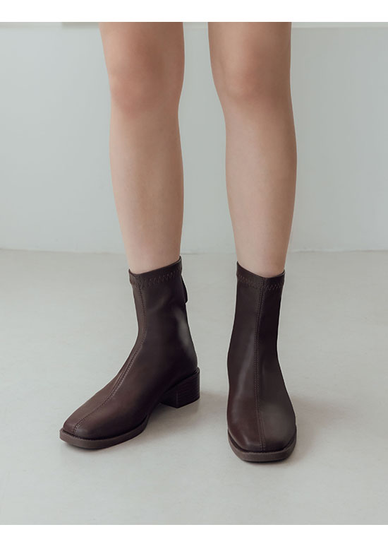 Square Toe Wooden Heel Sock Boots Dark Brown
