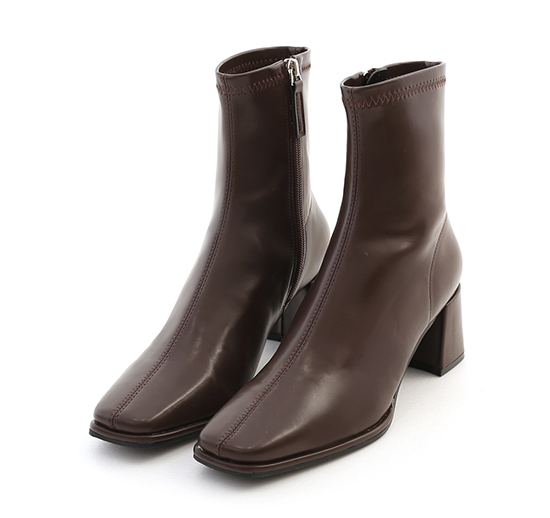 Plain Square Toe High Heel Slimming Boots Dark Brown