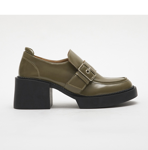 Big Buckle Thick Sole High Heel Loafers Olive Green