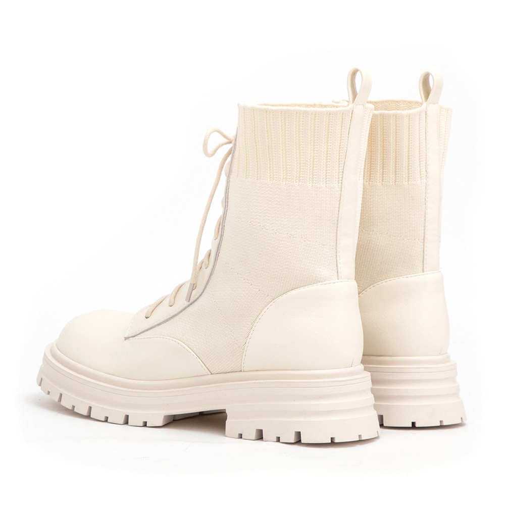 個性boy風針織拼接綁帶短靴 米白色