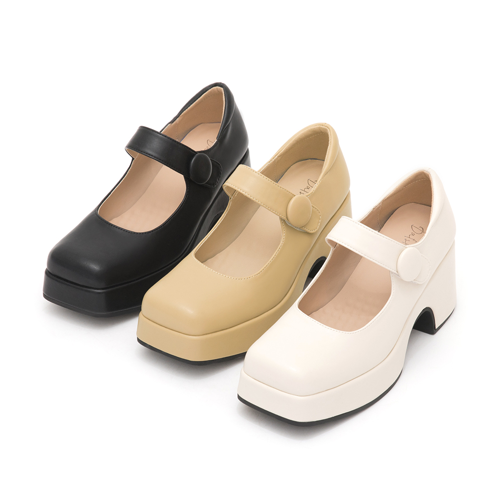 Square-Toe Thick-Soled Mary Jane Shoes Vanilla