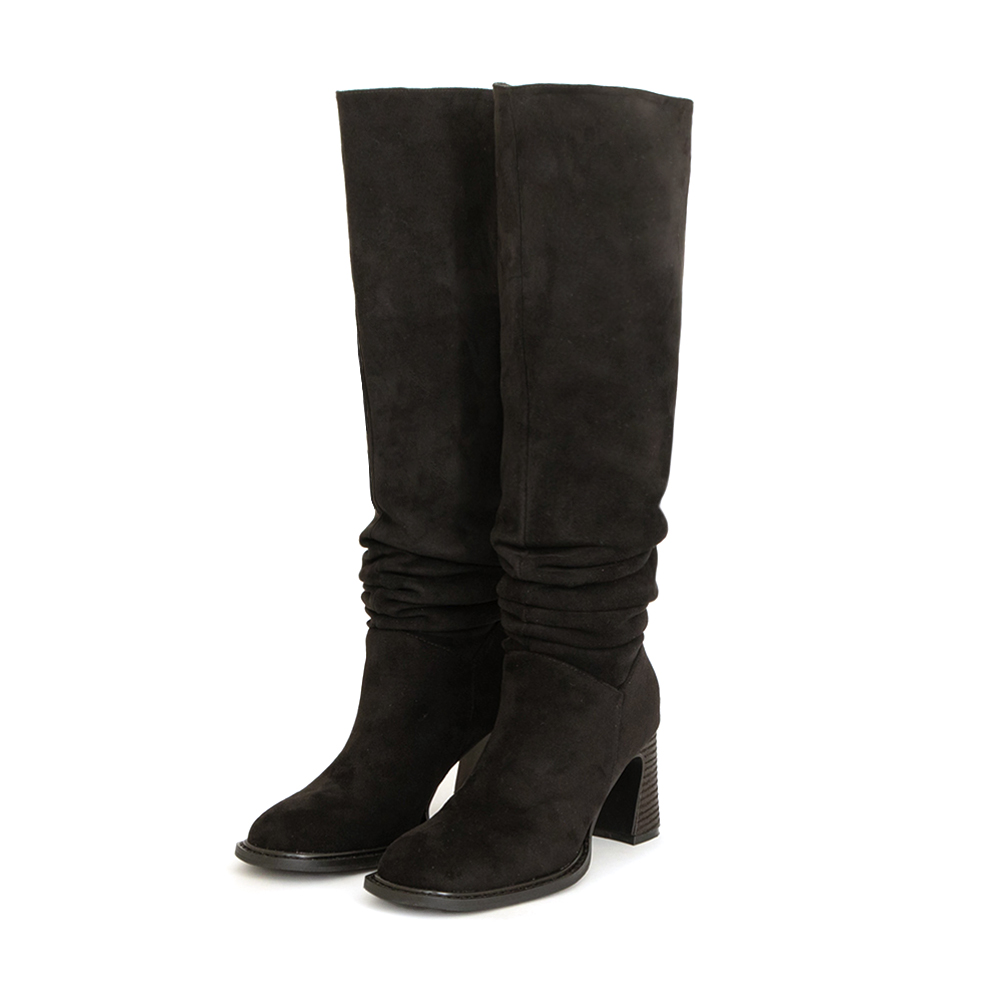 曠野玫瑰圓頭木紋跟堆堆長靴 黑色