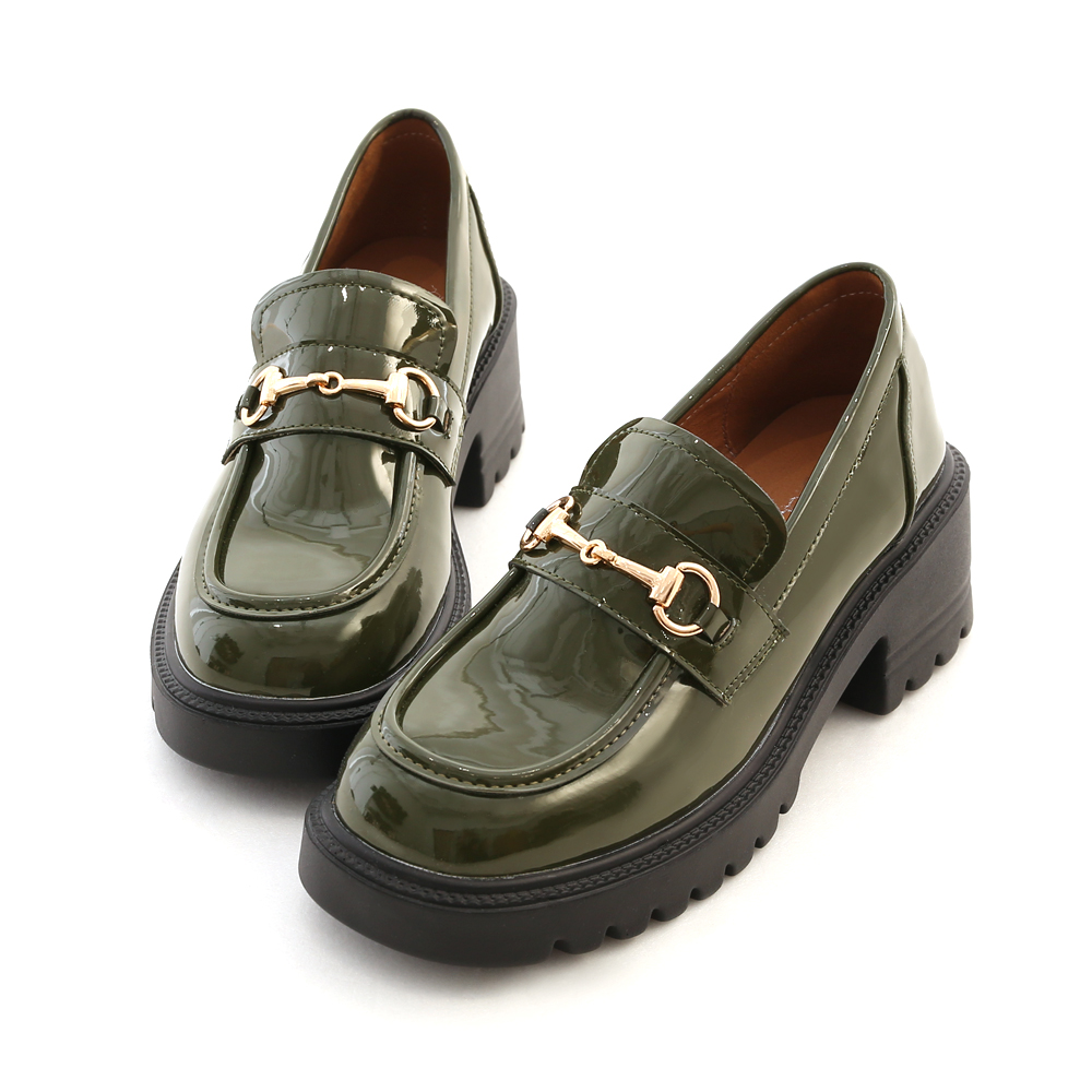 貴族學院．漆皮馬銜釦厚底輕量樂福鞋 復古綠
