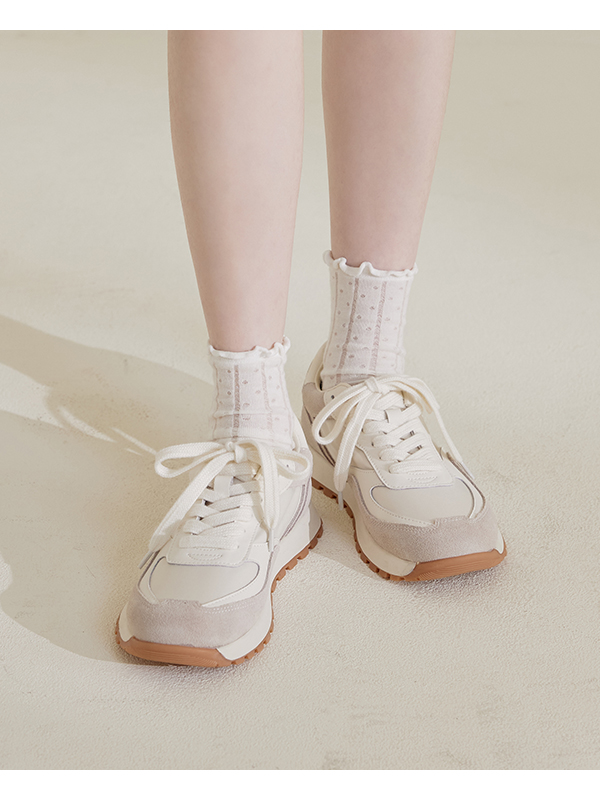 Leather-Spliced Casual Sneakers Beige