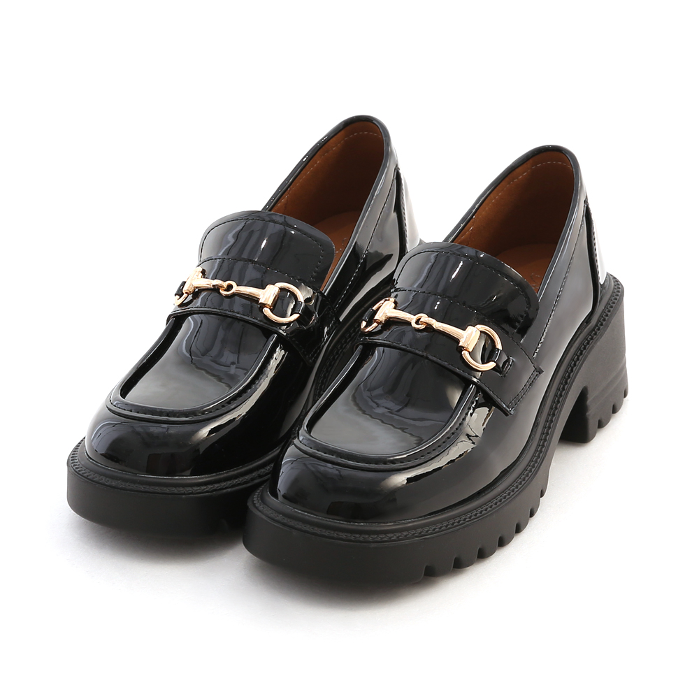 Patent Leather Horsebit Thick Sole Lightweight Loafers Black