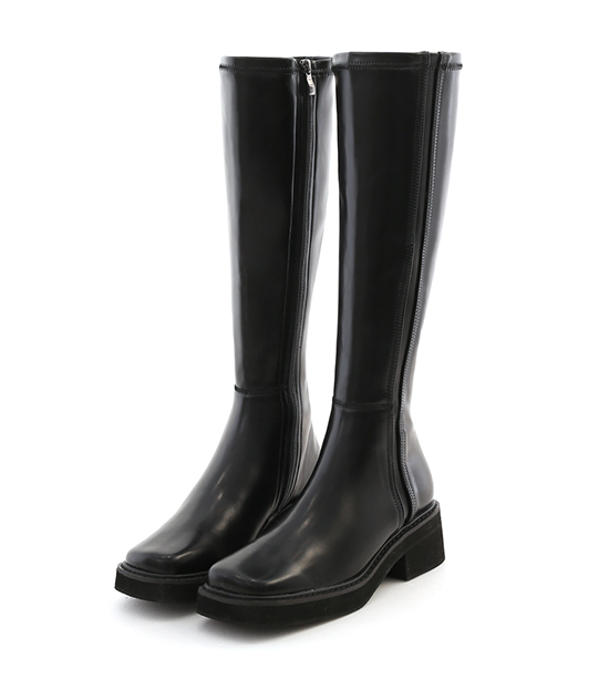 Stitched Square Toe Thick Sole Tall Boots Black