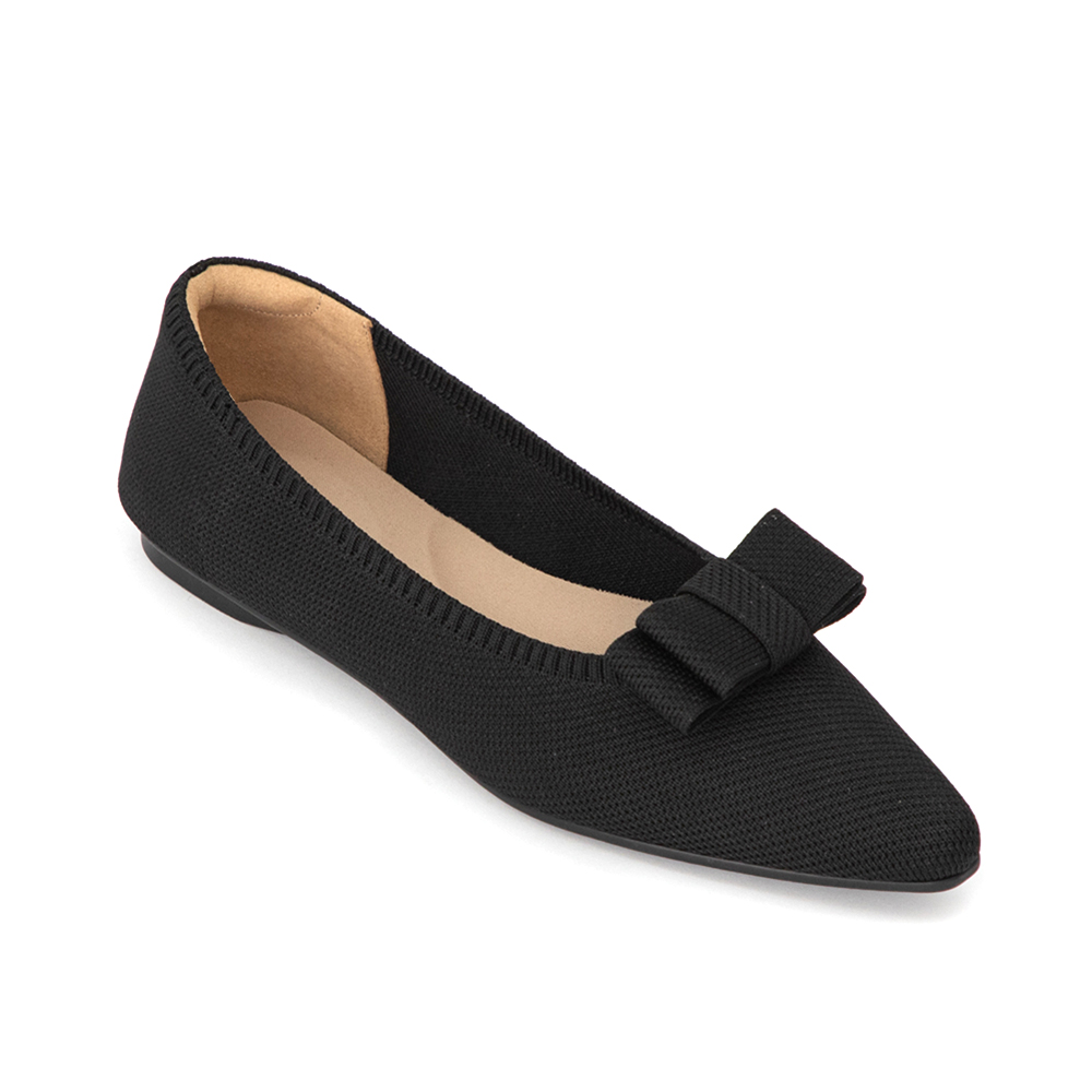 【3D零感雲織鞋】尖頭可拆卸蝴蝶結平底鞋 午夜黑