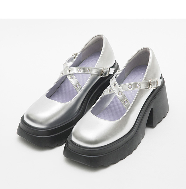 Metallic Cross-Straps Thick Sole Mary Jane Shoes Silver