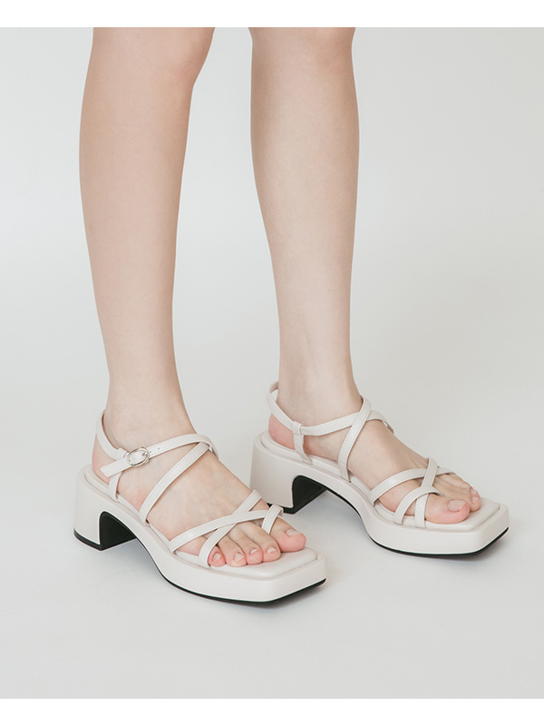 Multilayered Thin Strap Mid-Heel Sandals Beige