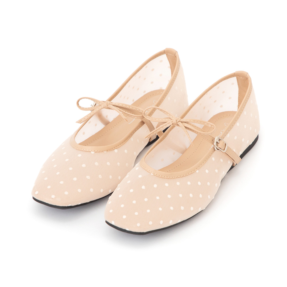 法式點點網紗蝴蝶結瑪莉珍鞋 杏